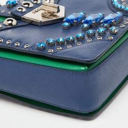 Prada Blue/Green Saffiano Studded/Crystal Embellished Leather Flap Shoulder Bag