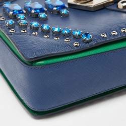 Prada Blue/Green Saffiano Studded/Crystal Embellished Leather Flap Shoulder Bag