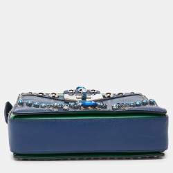 Prada Blue/Green Saffiano Studded/Crystal Embellished Leather Flap Shoulder Bag