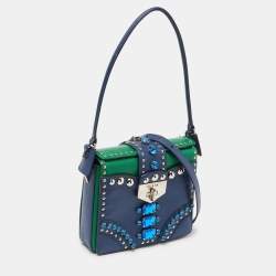 Prada Blue/Green Saffiano Studded/Crystal Embellished Leather Flap Shoulder Bag