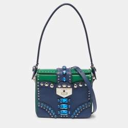Prada Blue/Green Saffiano Studded/Crystal Embellished Leather Flap Shoulder Bag