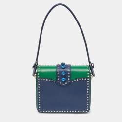 Prada Blue/Green Saffiano Studded/Crystal Embellished Leather Flap Shoulder Bag