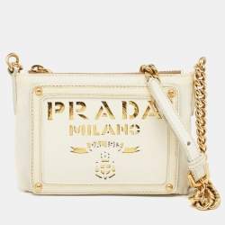 Pre Owned Prada Off White/Gold Nylon and Leather Oro Chain Crossbody Bag