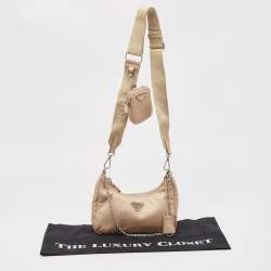 Pre Owned Prada Beige Nylon and Leather Re-Edition 2005 Baguette Bag
