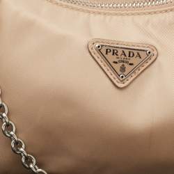 Pre Owned Prada Beige Nylon and Leather Re-Edition 2005 Baguette Bag