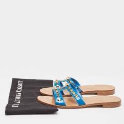 Prada Blue Patent Leather Studded Flat Slides Size 39