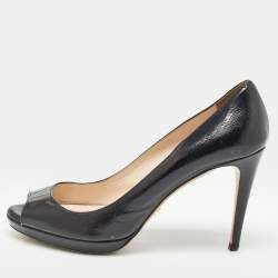 Prada Black Vernice Saffiano Leather Peep Toe Platform Pumps Size 37.5