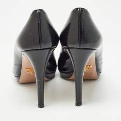 Prada Black Vernice Saffiano Leather Peep Toe Platform Pumps Size 37.5