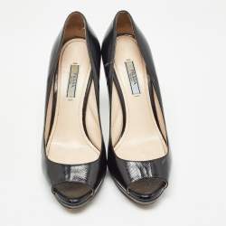 Prada Black Vernice Saffiano Leather Peep Toe Platform Pumps Size 37.5