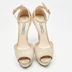 Prada Beige Suede Platform Ankle Strap Sandals Size 38