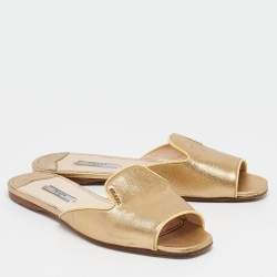 Prada Gold Patent Saffiano Leather Flat Slides  Size 39