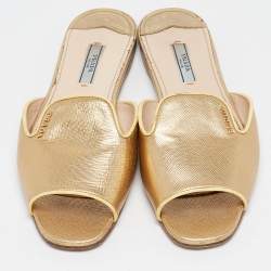 Prada Gold Patent Saffiano Leather Flat Slides  Size 39