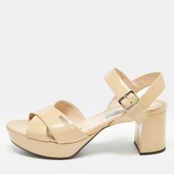 Prada Beige Patent Leather Platform Ankle Strap Sandals Size 38.5