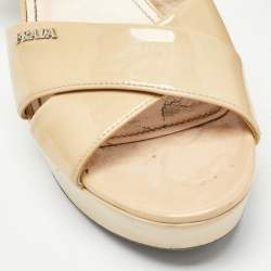 Prada Beige Patent Leather Platform Ankle Strap Sandals Size 38.5