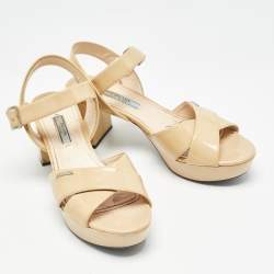 Prada Beige Patent Leather Platform Ankle Strap Sandals Size 38.5