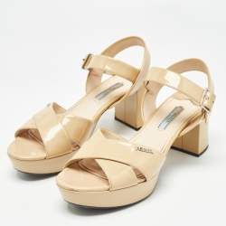 Prada Beige Patent Leather Platform Ankle Strap Sandals Size 38.5