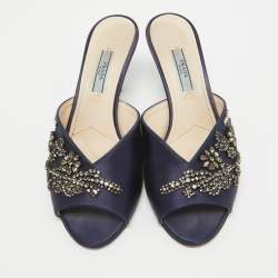 Prada Navy Blue Satin Crystal Embellished Slide Sandals Size 38