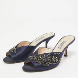 Prada Navy Blue Satin Crystal Embellished Slide Sandals Size 38