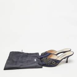 Prada Navy Blue Satin Crystal Embellished Slide Sandals Size 38