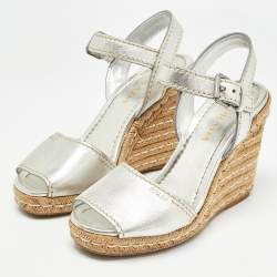 Pre Owned Prada Silver Leather Wedge Espadrilles Size 39.5
