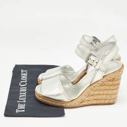 Pre Owned Prada Silver Leather Wedge Espadrilles Size 39.5