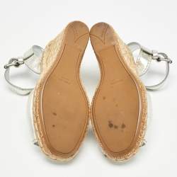Pre Owned Prada Silver Leather Wedge Espadrilles Size 39.5