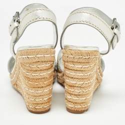 Pre Owned Prada Silver Leather Wedge Espadrilles Size 39.5