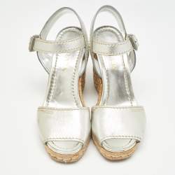 Pre Owned Prada Silver Leather Wedge Espadrilles Size 39.5