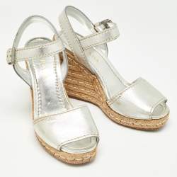 Pre Owned Prada Silver Leather Wedge Espadrilles Size 39.5