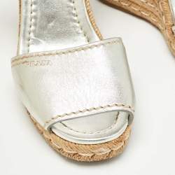 Pre Owned Prada Silver Leather Wedge Espadrilles Size 39.5