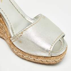 Pre Owned Prada Silver Leather Wedge Espadrilles Size 39.5