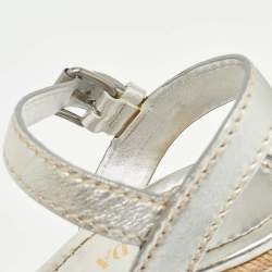 Pre Owned Prada Silver Leather Wedge Espadrilles Size 39.5
