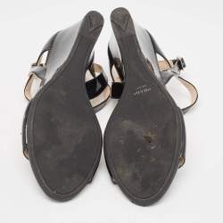 Prada Black Patent Leather Ankle Strap Wedge Sandals Size 39.5 