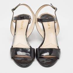 Prada Black Patent Leather Ankle Strap Wedge Sandals Size 39.5 