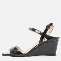 Prada Black Patent Leather Ankle Strap Wedge Sandals Size 39.5 