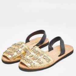 Pre Owned Prada Black/Gold Snakeskin Embossed Crystal Embellished Slingback Flats Size 39.5