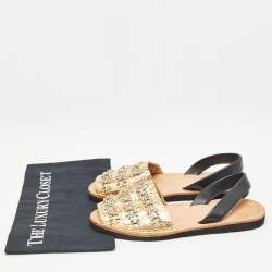 Pre Owned Prada Black/Gold Snakeskin Embossed Crystal Embellished Slingback Flats Size 39.5