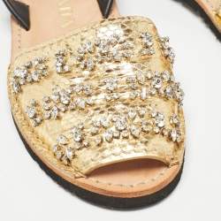 Pre Owned Prada Black/Gold Snakeskin Embossed Crystal Embellished Slingback Flats Size 39.5