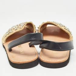 Pre Owned Prada Black/Gold Snakeskin Embossed Crystal Embellished Slingback Flats Size 39.5