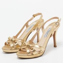 Prada Gold Leather Bow Strappy Slingback Sandals Size 37