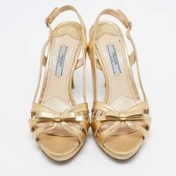 Prada Gold Leather Bow Strappy Slingback Sandals Size 37