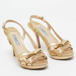 Prada Gold Leather Bow Strappy Slingback Sandals Size 37