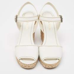 Pre Owned Prada White Leather Espadrille Platform Wedge Ankle Strap Sandals Size 39.5