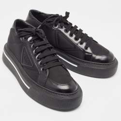 Pre Owned Prada Black Brushed Leather Re Nylon Lace Up Sneakers Size 40