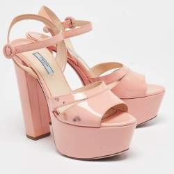 Prada Pink Patent Leather Platform Ankle Strap Sandals Size 39