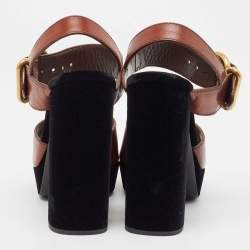 Prada Black/Brown Velvet and Leather Cutout Accent Platform Block Heel Ankle Strap Sandals Size 37