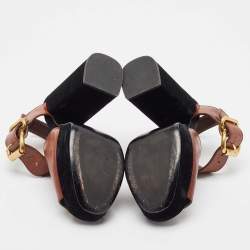 Prada Black/Brown Velvet and Leather Cutout Accent Platform Block Heel Ankle Strap Sandals Size 37