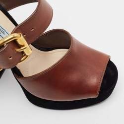 Prada Black/Brown Velvet and Leather Cutout Accent Platform Block Heel Ankle Strap Sandals Size 37