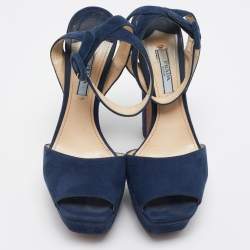 Prada Navy Blue Suede Platform Ankle Strap Sandals Size 37