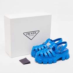 مملوكة مسبقًا Prada Blue Rubber Platform Ankle Strap Sandals Size 38